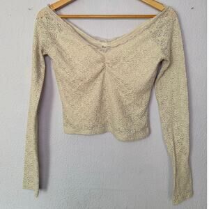 No Boundaries Lace V-Neck Crop Top with Long Sleeves Boho Beige Womens Small